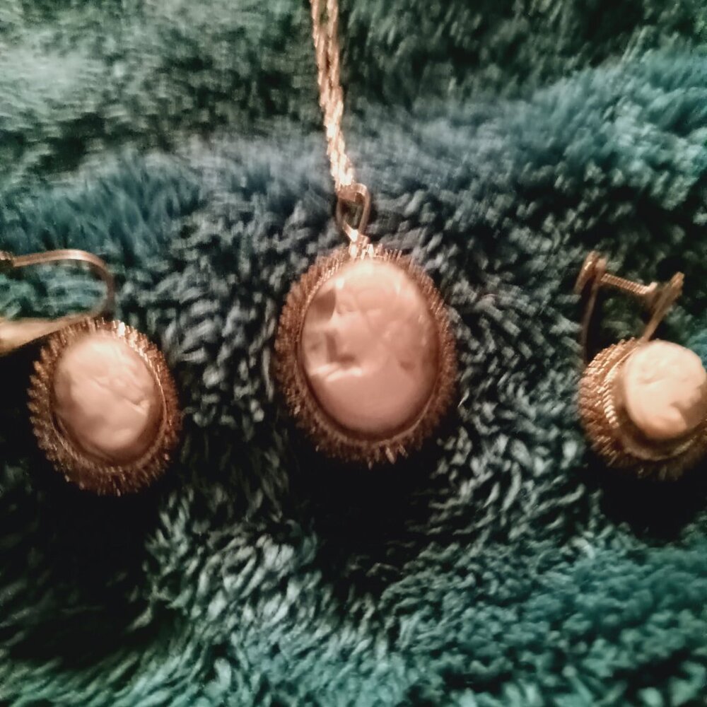 1940"s Shell Abalone Heliotis Cameo Necklace and Earrings Set - GVC